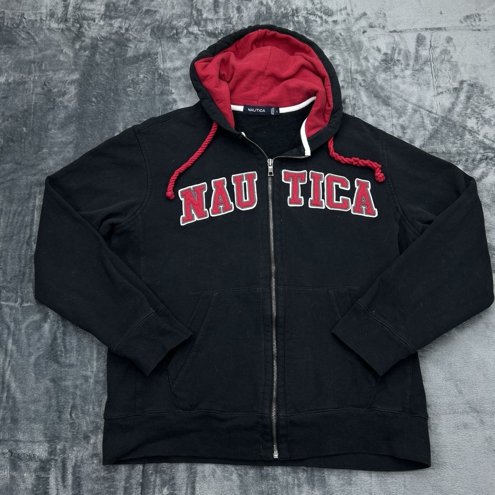 VTG‎ Nautica Spell out Men's L Full Zip Hoodie Sweatshirt Jacket Black Red 90s